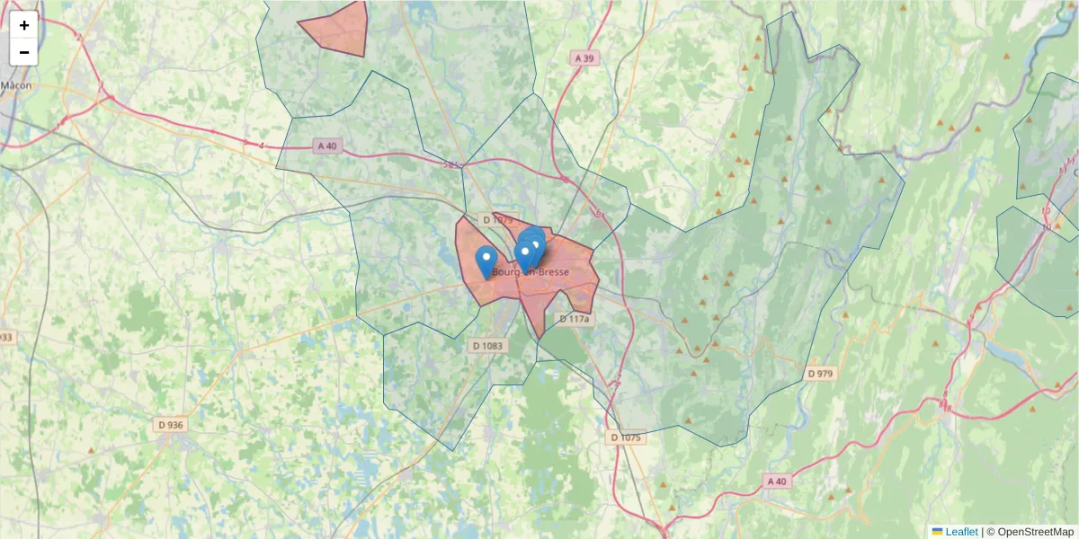 Carte de la zone du code postal  et des codes postaux voisins en France