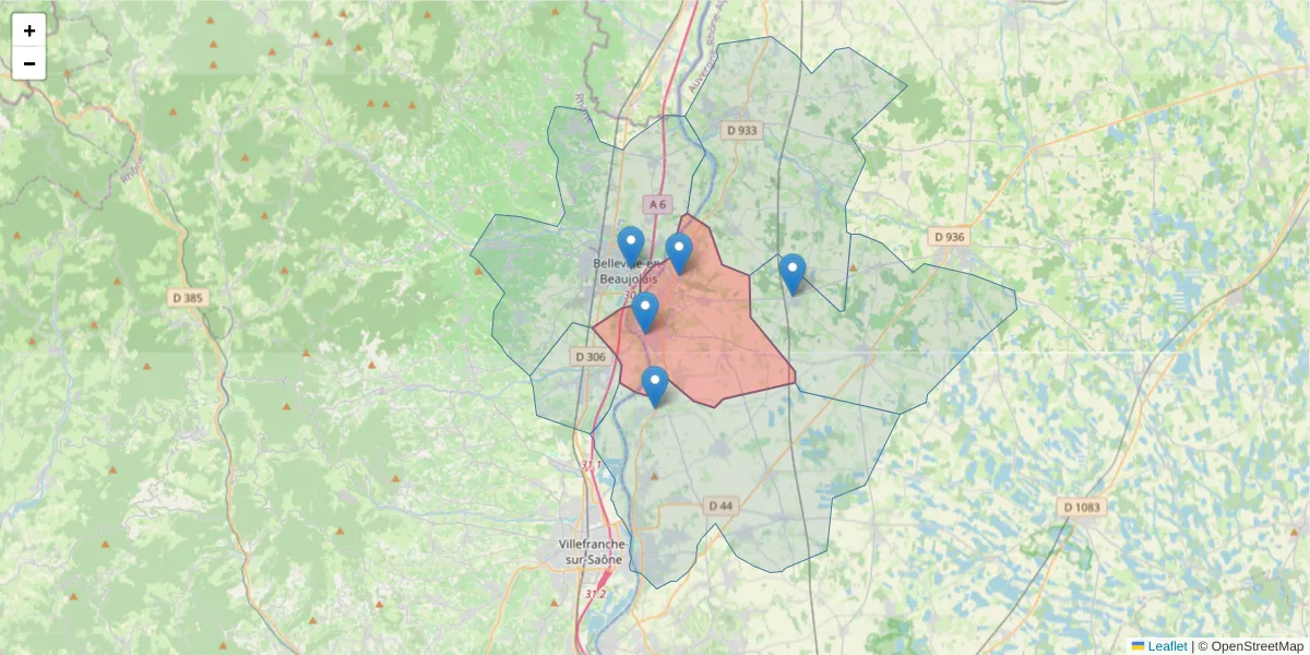Carte de la zone du code postal  et des codes postaux voisins en France