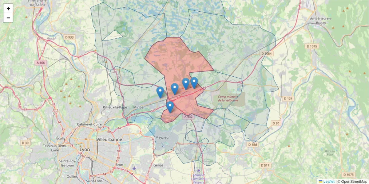 Carte de la zone du code postal  et des codes postaux voisins en France