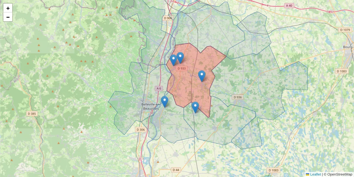 Carte de la zone du code postal  et des codes postaux voisins en France