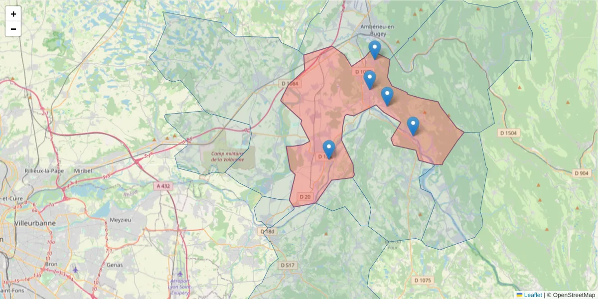 Carte de la zone du code postal  et des codes postaux voisins en France