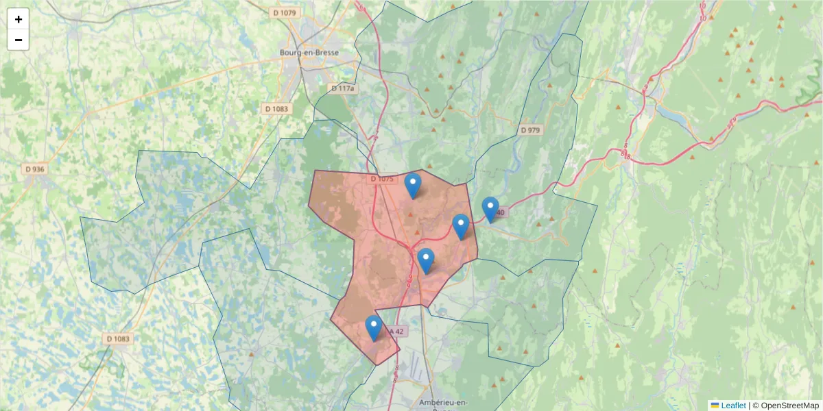 Carte de la zone du code postal  et des codes postaux voisins en France