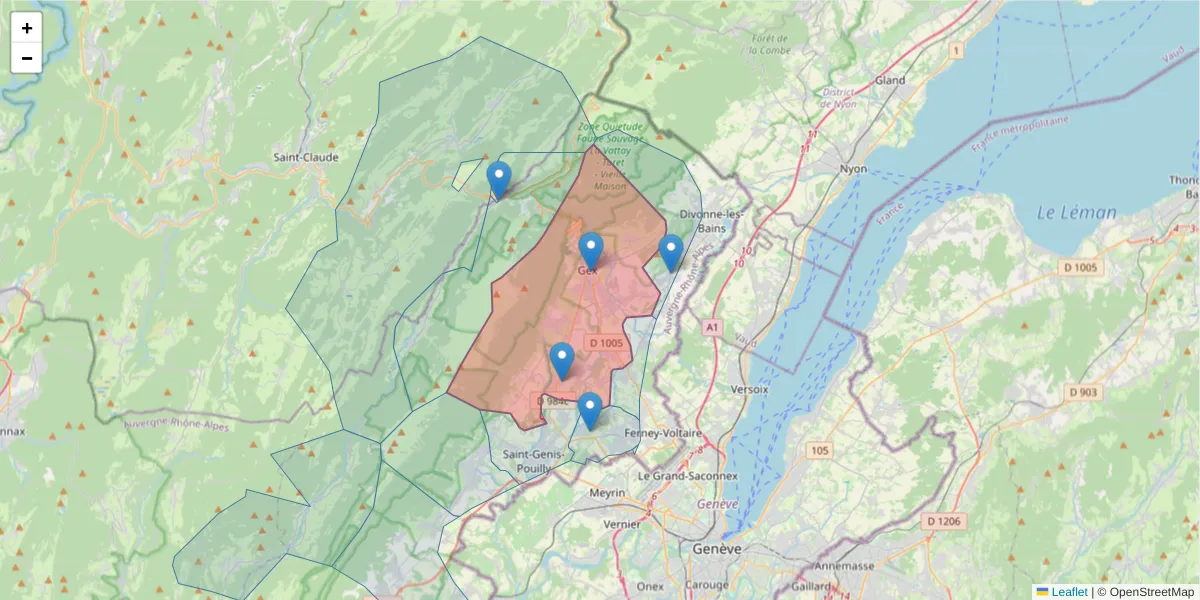 Carte de la zone du code postal  et des codes postaux voisins en France