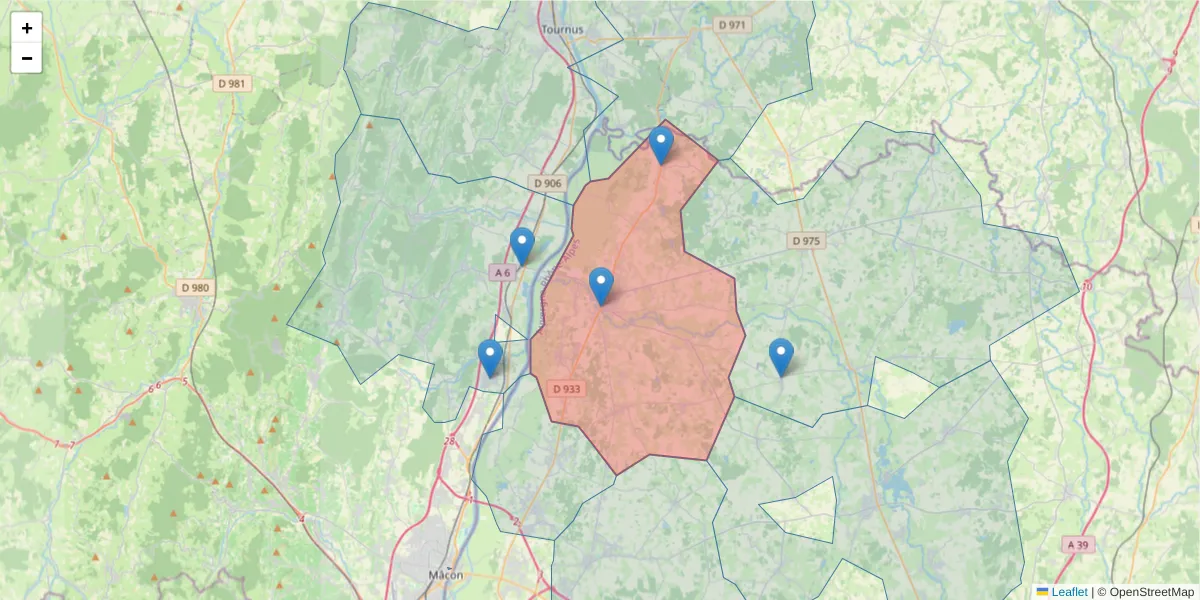 Carte de la zone du code postal  et des codes postaux voisins en France
