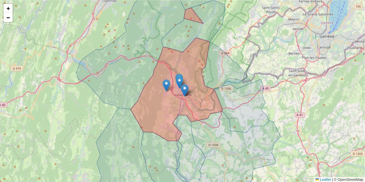 Carte de la zone du code postal  et des codes postaux voisins en France