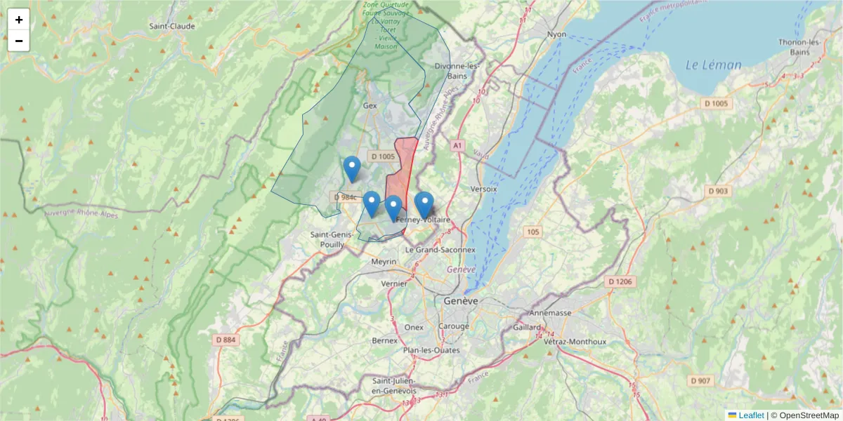 Carte de la zone du code postal  et des codes postaux voisins en France