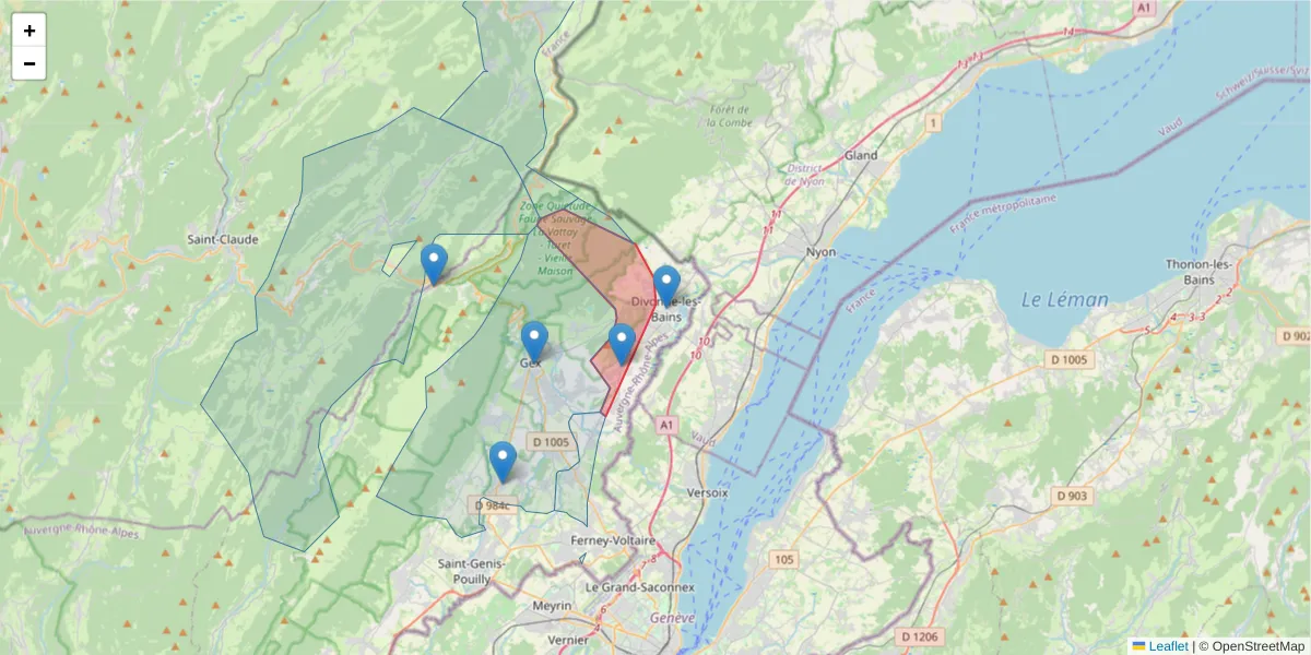 Carte de la zone du code postal  et des codes postaux voisins en France