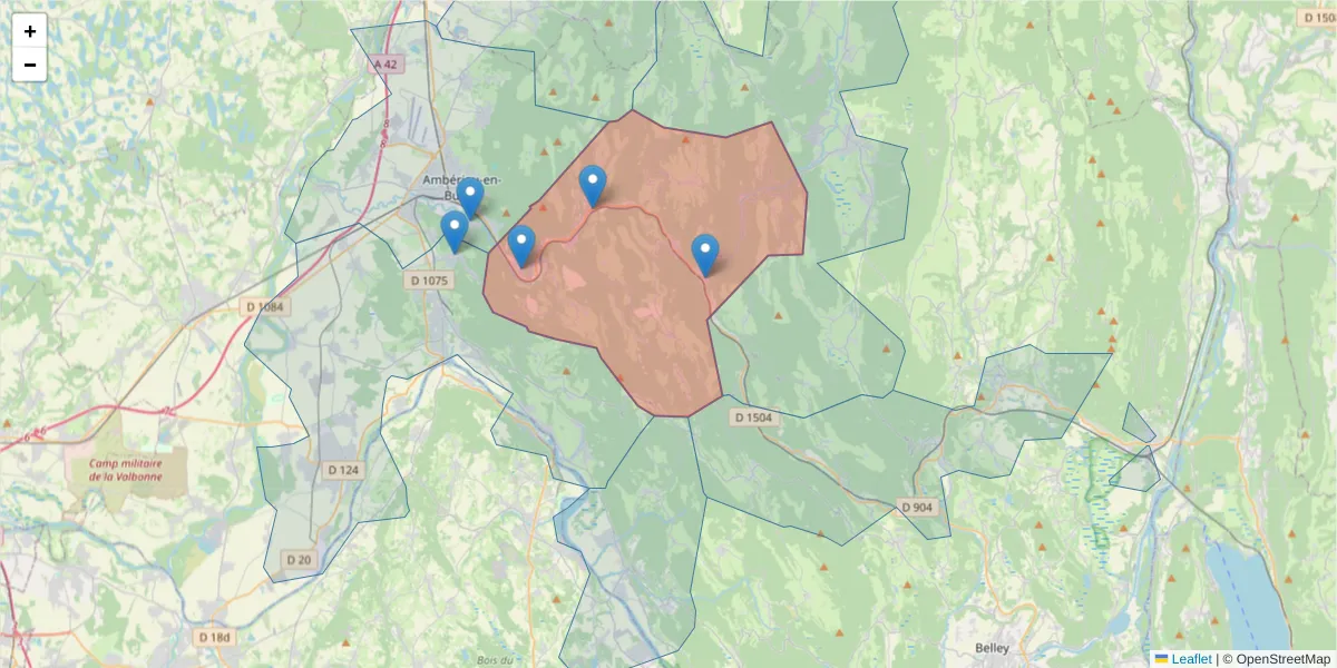 Carte de la zone du code postal  et des codes postaux voisins en France