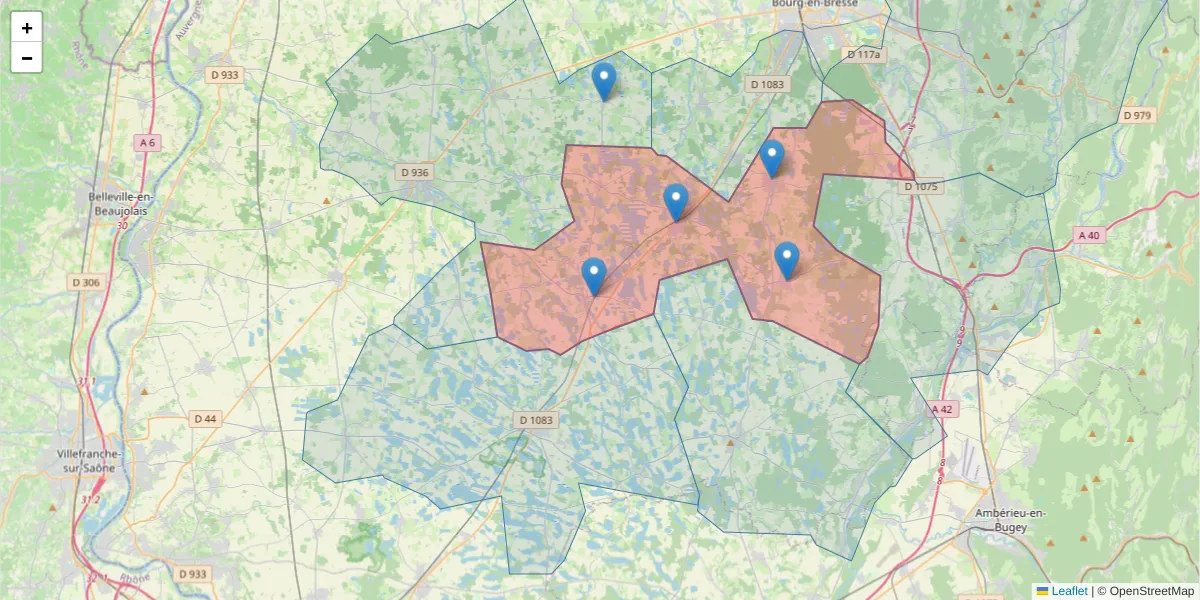 Carte de la zone du code postal  et des codes postaux voisins en France