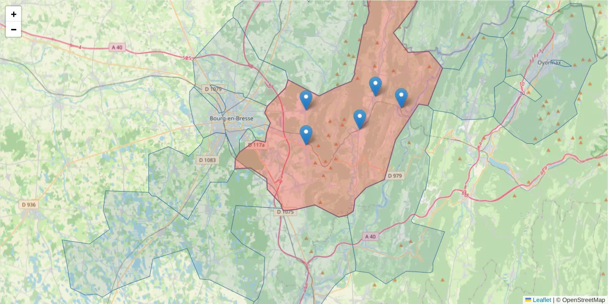 Carte de la zone du code postal  et des codes postaux voisins en France