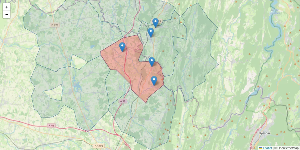 Carte de la zone du code postal  et des codes postaux voisins en France