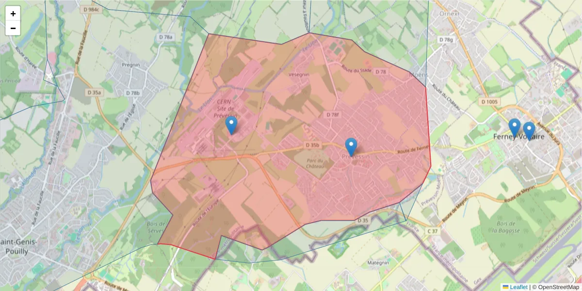 Carte de la zone du code postal  et des codes postaux voisins en France