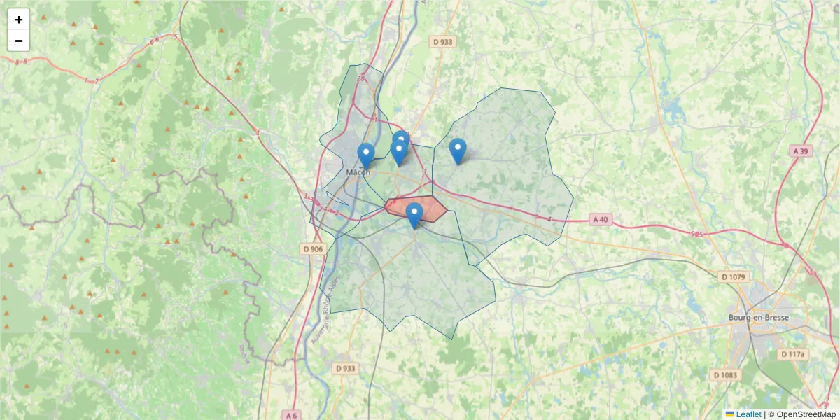 Carte de la zone du code postal  et des codes postaux voisins en France