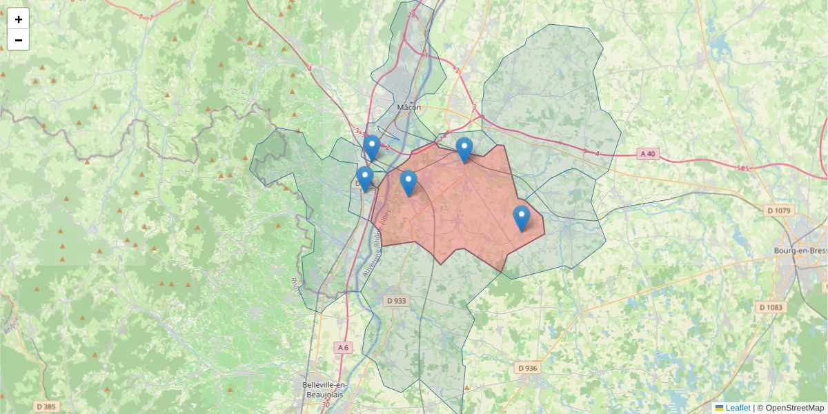 Carte de la zone du code postal  et des codes postaux voisins en France