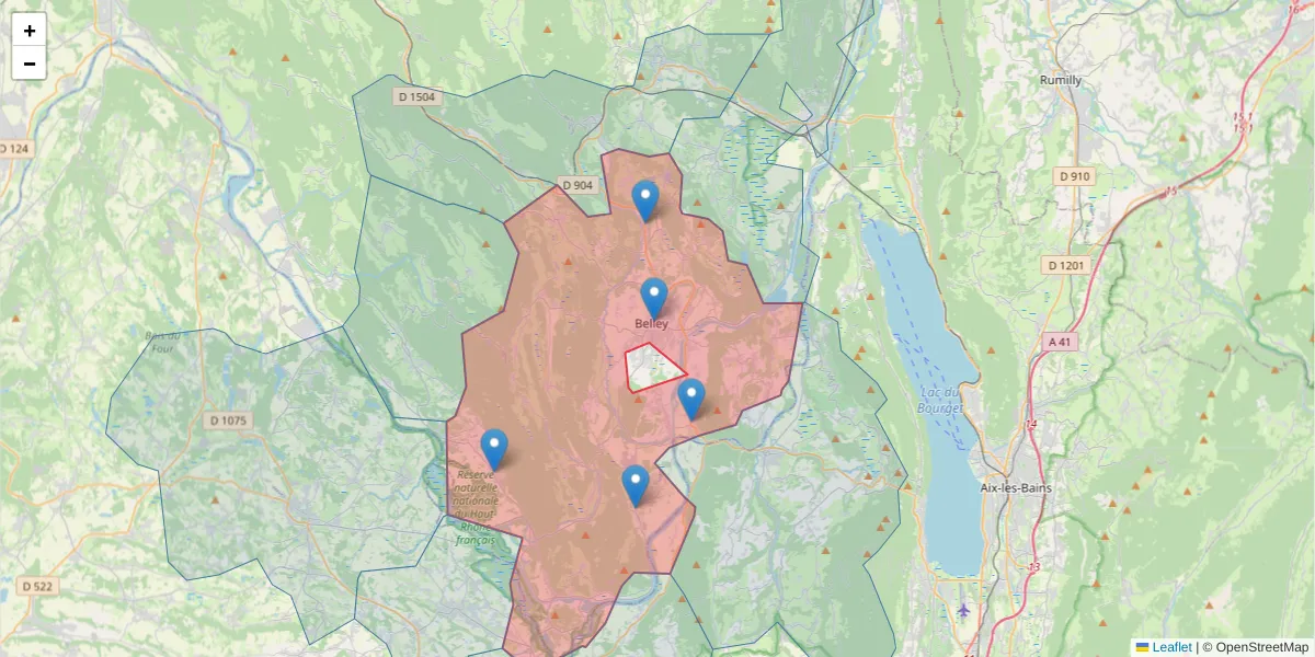 Carte de la zone du code postal  et des codes postaux voisins en France