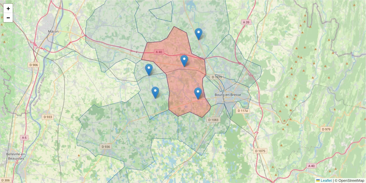 Carte de la zone du code postal  et des codes postaux voisins en France