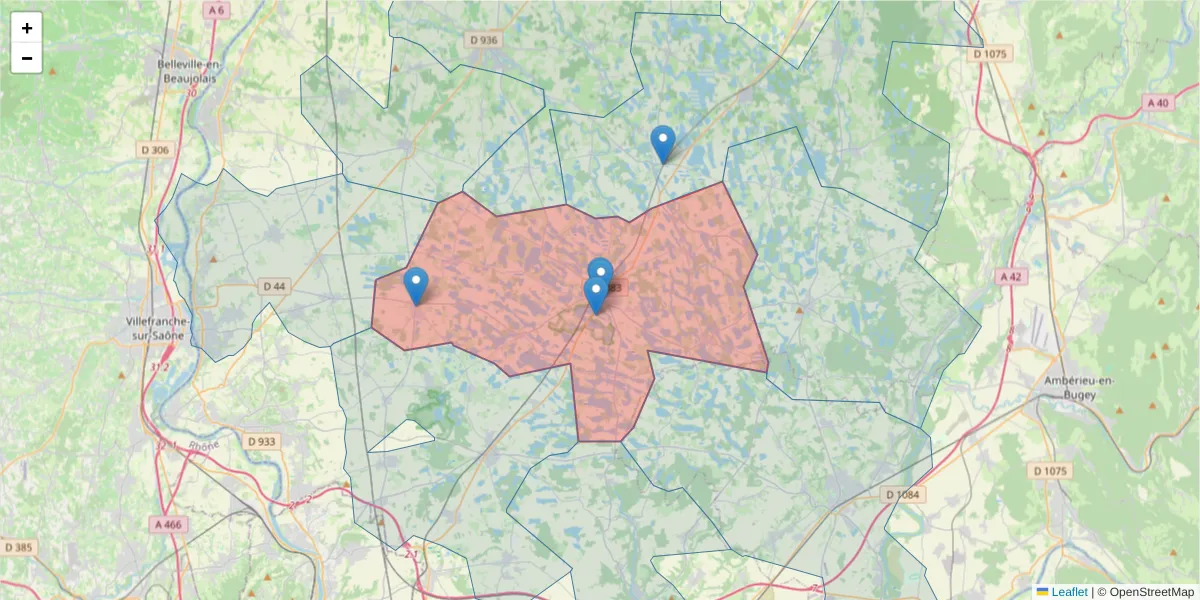 Carte de la zone du code postal  et des codes postaux voisins en France