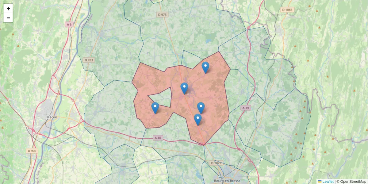 Carte de la zone du code postal  et des codes postaux voisins en France