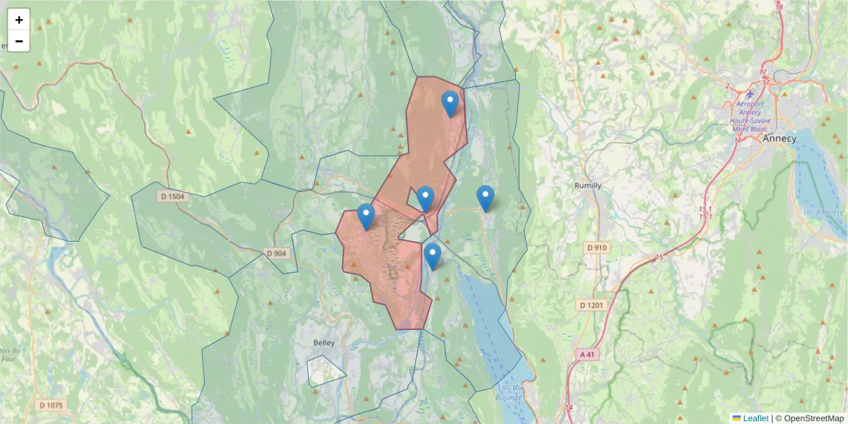 Carte de la zone du code postal  et des codes postaux voisins en France