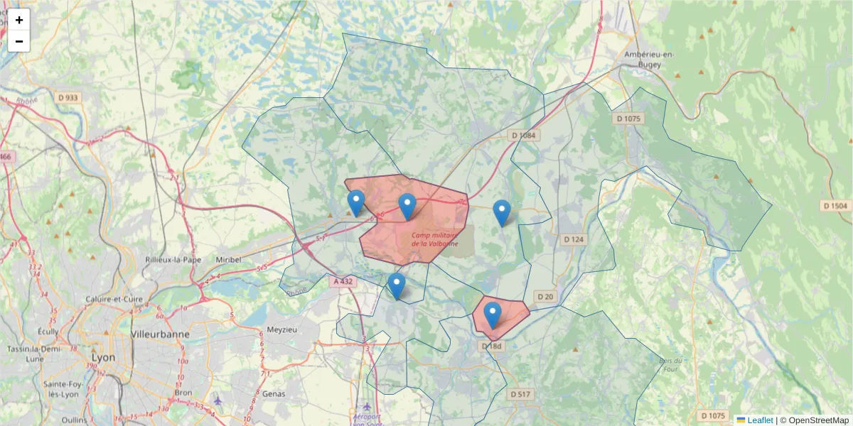 Carte de la zone du code postal  et des codes postaux voisins en France