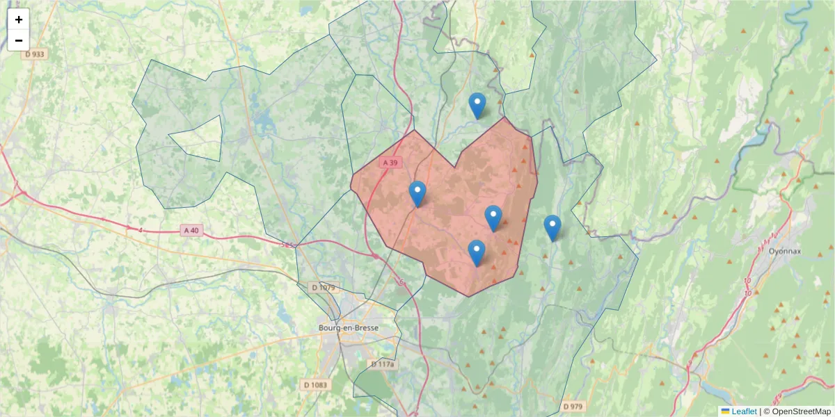 Carte de la zone du code postal  et des codes postaux voisins en France