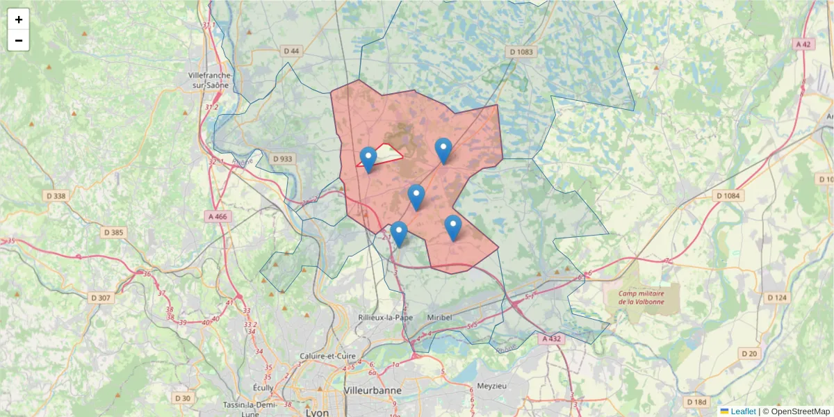 Carte de la zone du code postal  et des codes postaux voisins en France