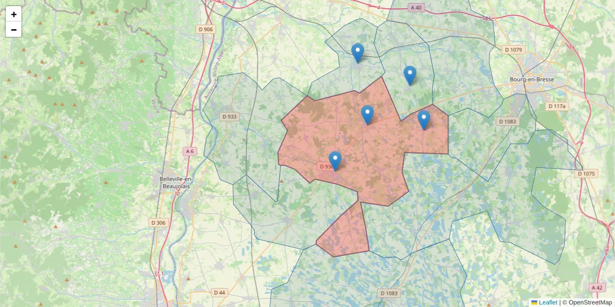 Carte de la zone du code postal  et des codes postaux voisins en France