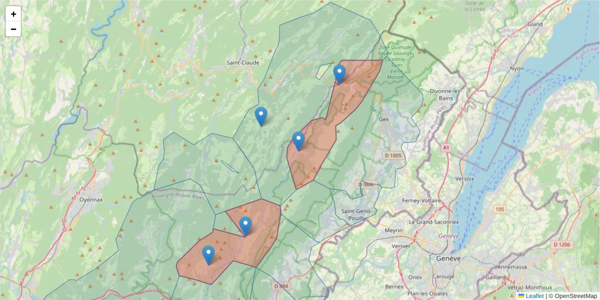 Carte de la zone du code postal  et des codes postaux voisins en France