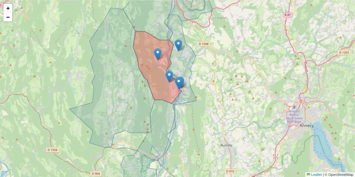 Carte de la zone du code postal  et des codes postaux voisins en France