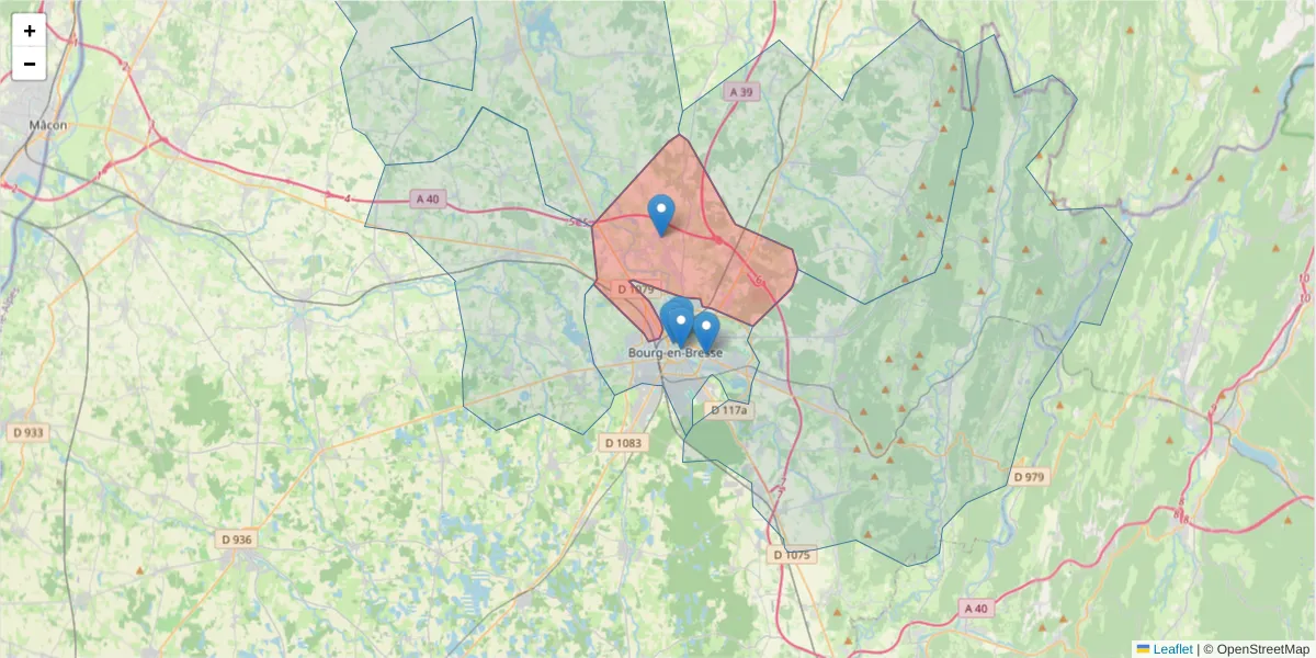 Carte de la zone du code postal  et des codes postaux voisins en France