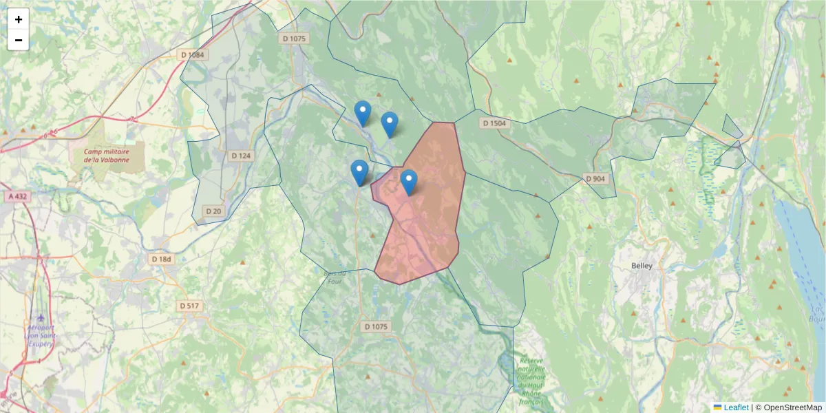 Carte de la zone du code postal  et des codes postaux voisins en France