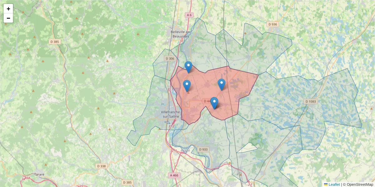 Carte de la zone du code postal  et des codes postaux voisins en France