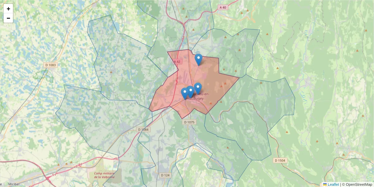 Carte de la zone du code postal  et des codes postaux voisins en France