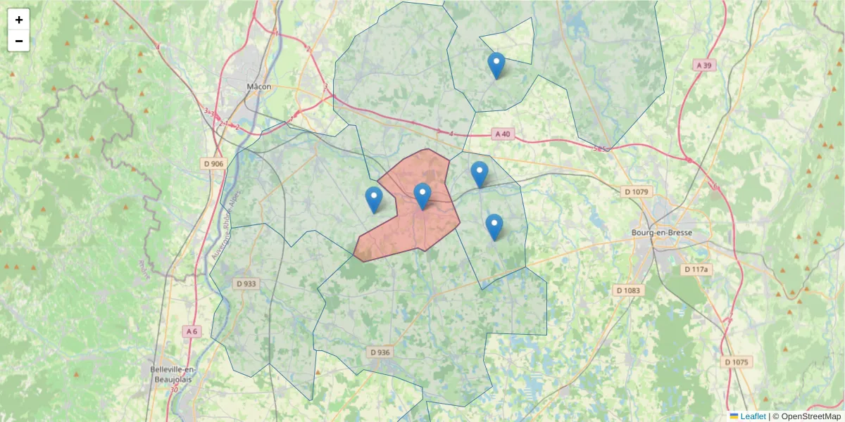 Carte de la zone du code postal  et des codes postaux voisins en France