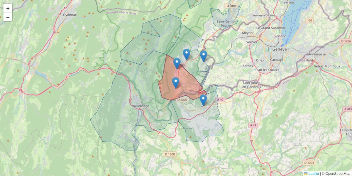 Carte de la zone du code postal  et des codes postaux voisins en France
