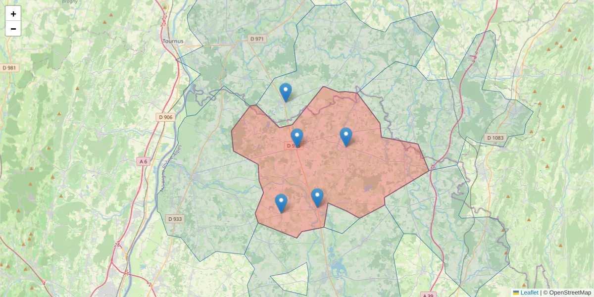 Carte de la zone du code postal  et des codes postaux voisins en France