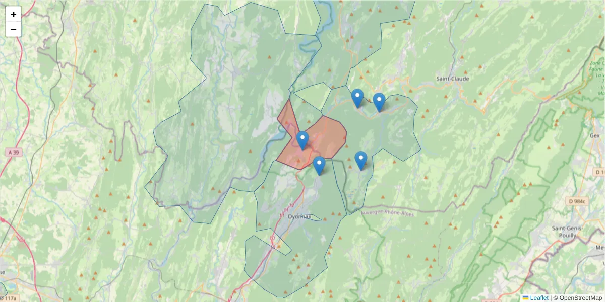 Carte de la zone du code postal  et des codes postaux voisins en France