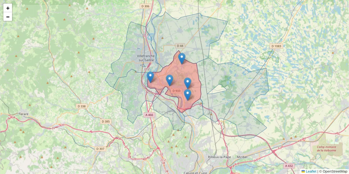 Carte de la zone du code postal  et des codes postaux voisins en France
