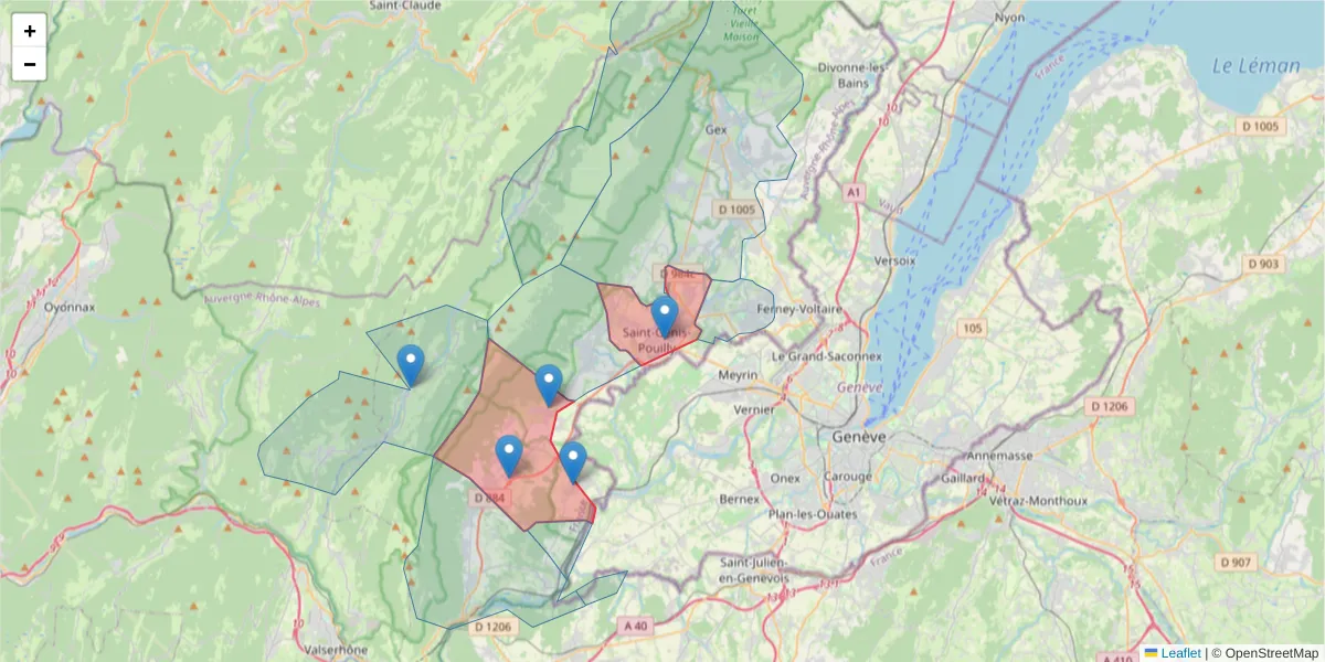 Carte de la zone du code postal  et des codes postaux voisins en France