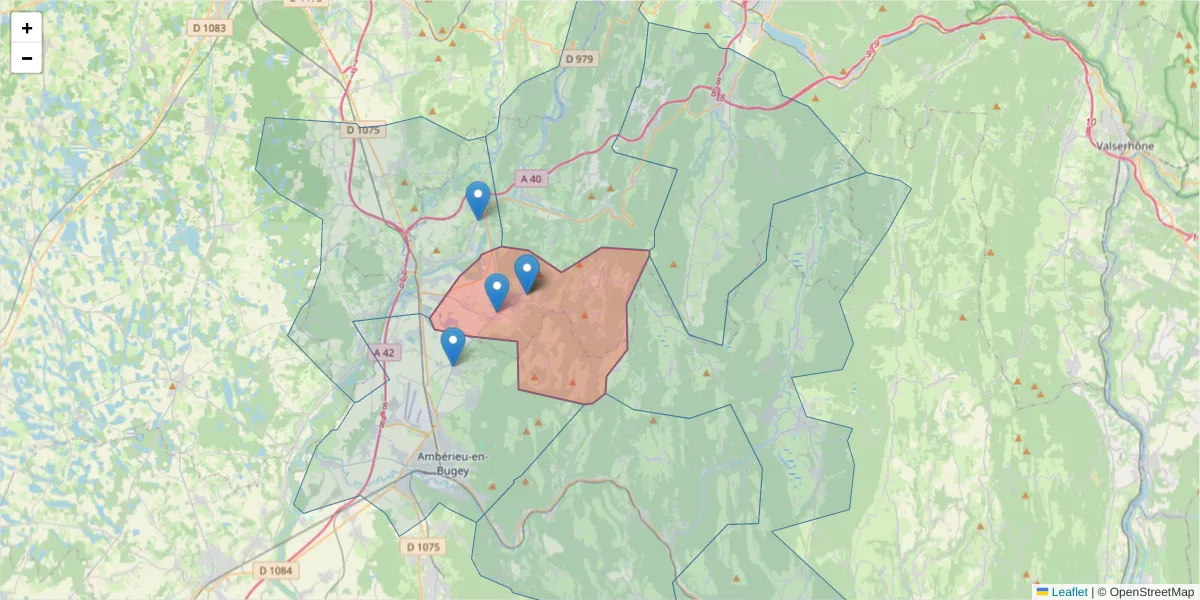 Carte de la zone du code postal  et des codes postaux voisins en France