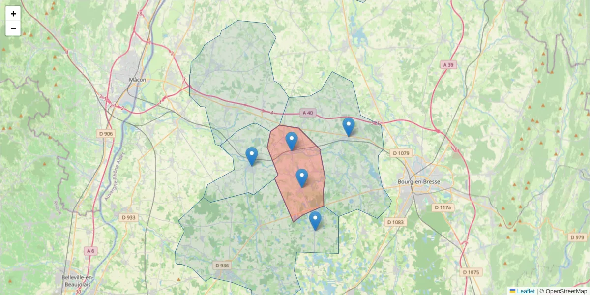Carte de la zone du code postal  et des codes postaux voisins en France