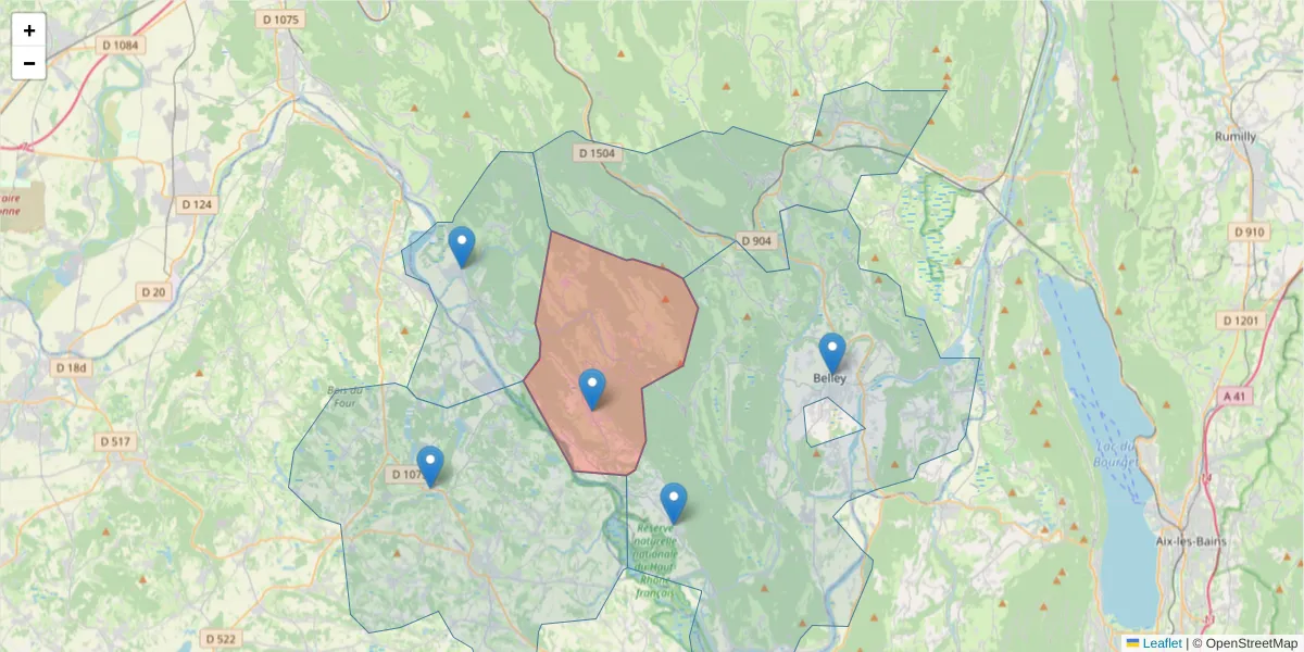 Carte de la zone du code postal  et des codes postaux voisins en France