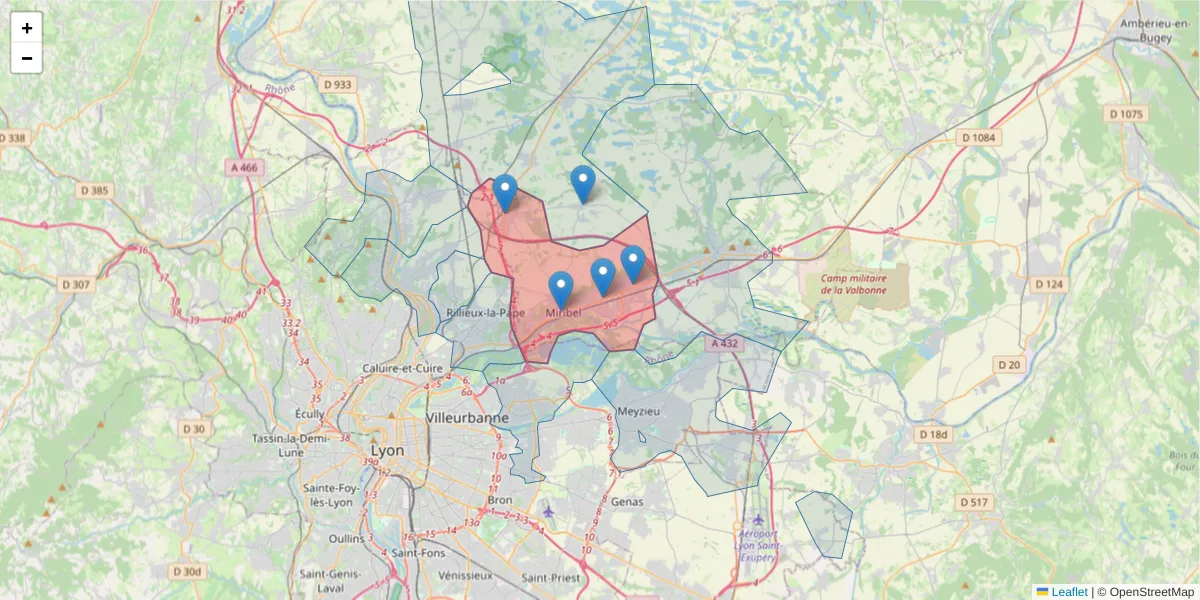 Carte de la zone du code postal  et des codes postaux voisins en France