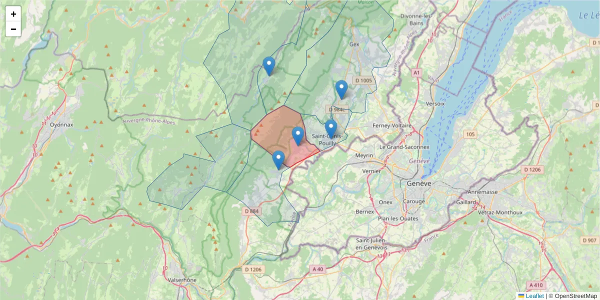 Carte de la zone du code postal  et des codes postaux voisins en France