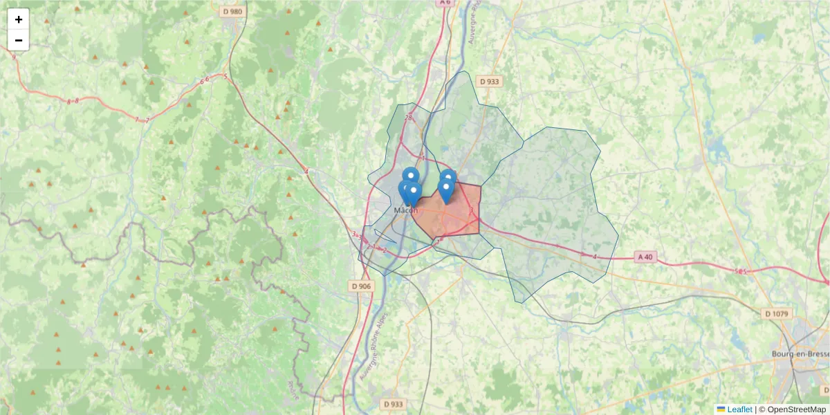 Carte de la zone du code postal  et des codes postaux voisins en France