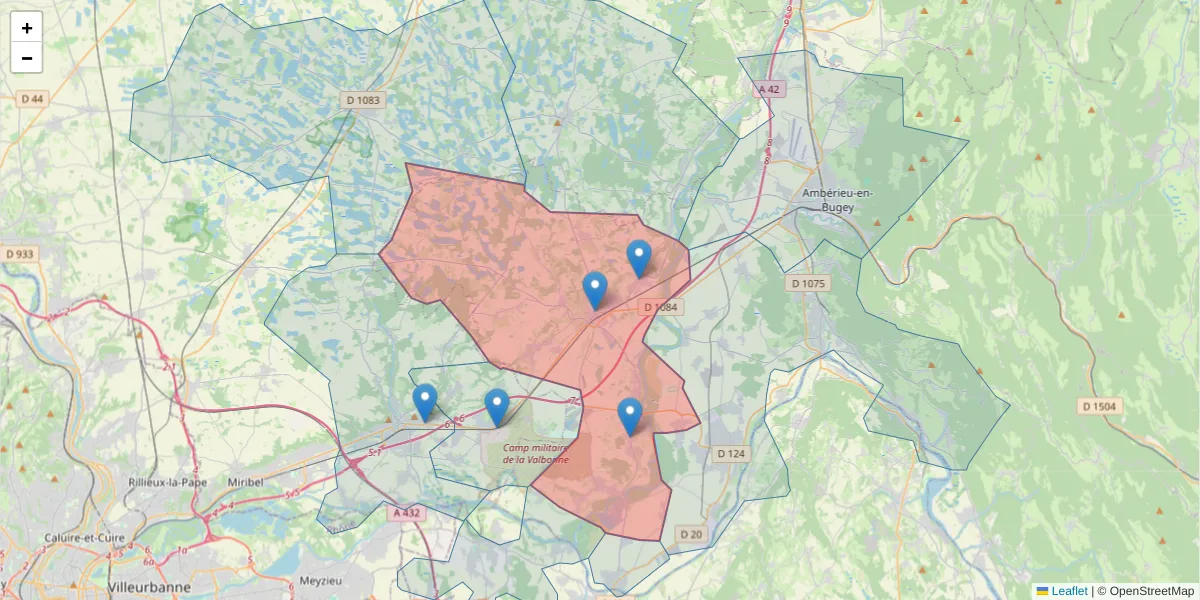 Carte de la zone du code postal  et des codes postaux voisins en France