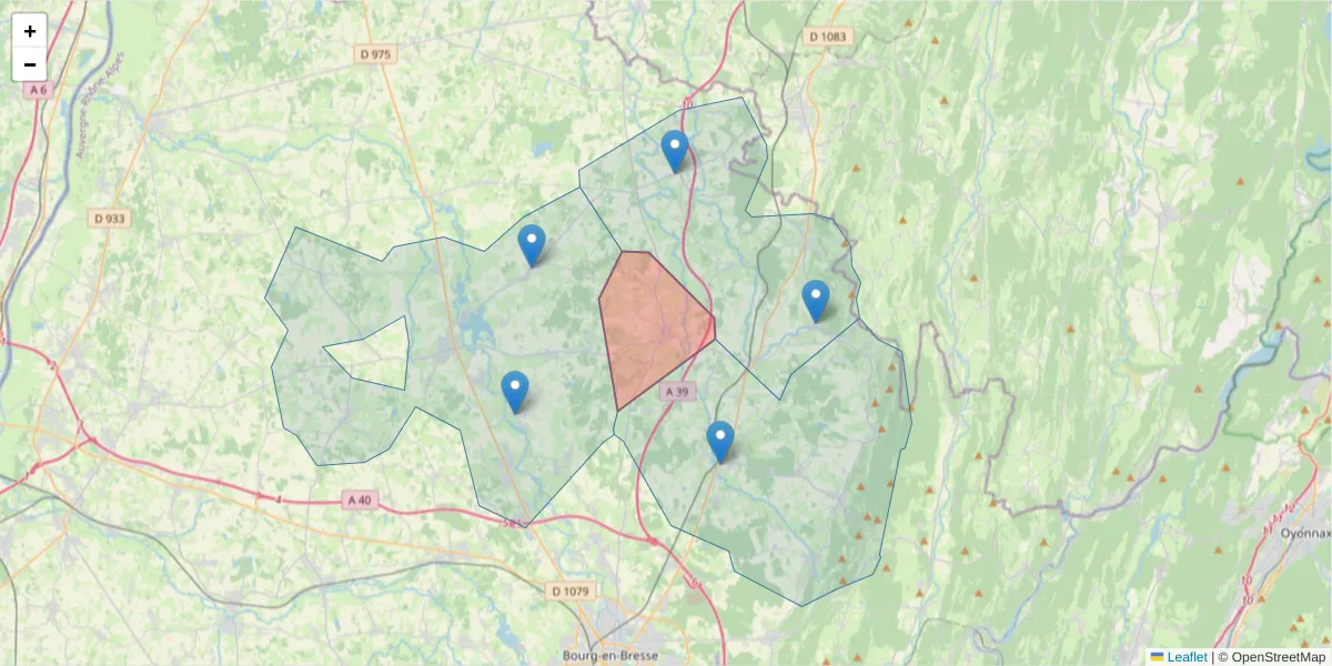Carte de la zone du code postal  et des codes postaux voisins en France