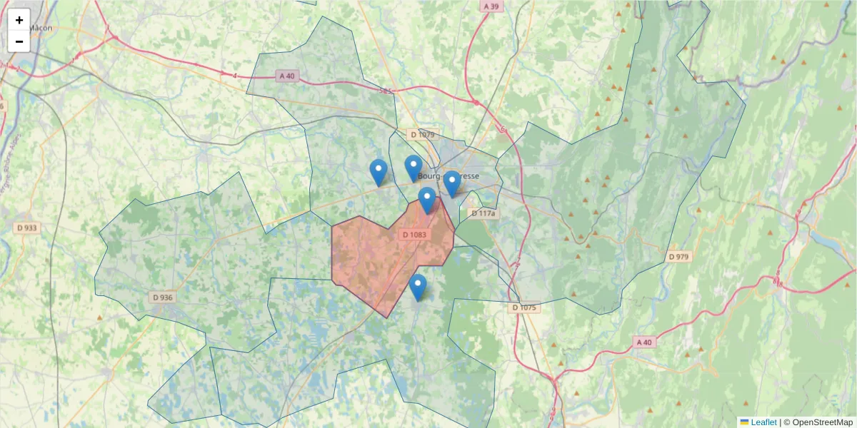 Carte de la zone du code postal  et des codes postaux voisins en France