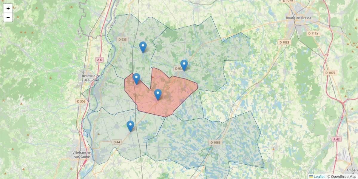 Carte de la zone du code postal  et des codes postaux voisins en France