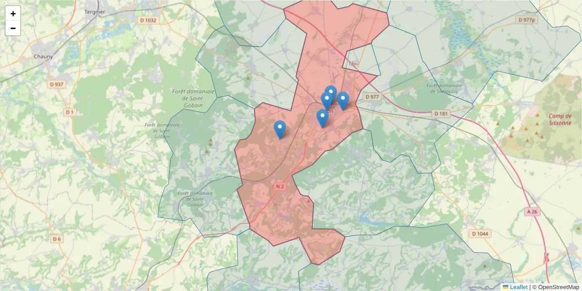 Carte de la zone du code postal  et des codes postaux voisins en France